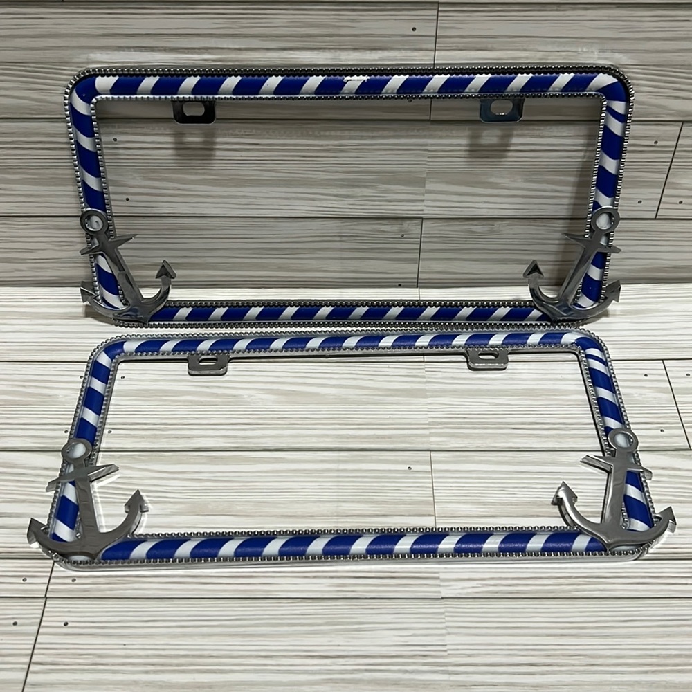 Nautical Blue & White Anchor metal License Plate Frame